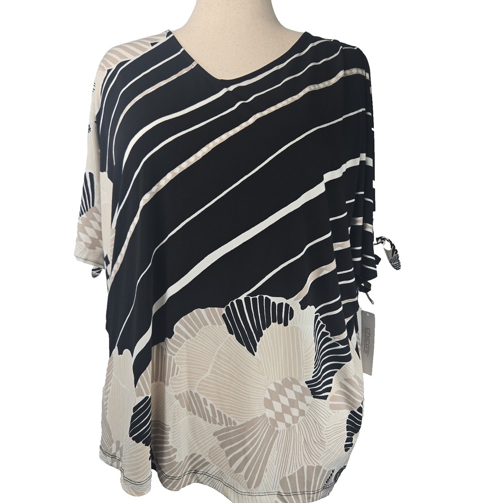 Chico's Size 3 Striped Floral Split Shoulder V-neck Short Sleeve Knit Top-  New
